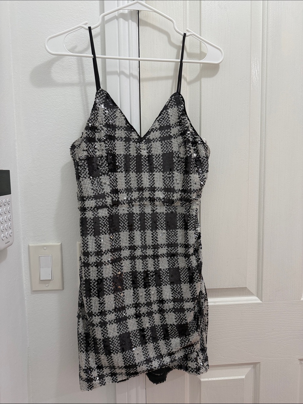Lulu's Black & White Sequin Plaid Slip Dress